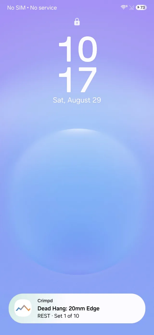 Crimpd timer card on a Samsung lock screen, showing Dead Hang: 20mm Edge and REST, set 1 of 10